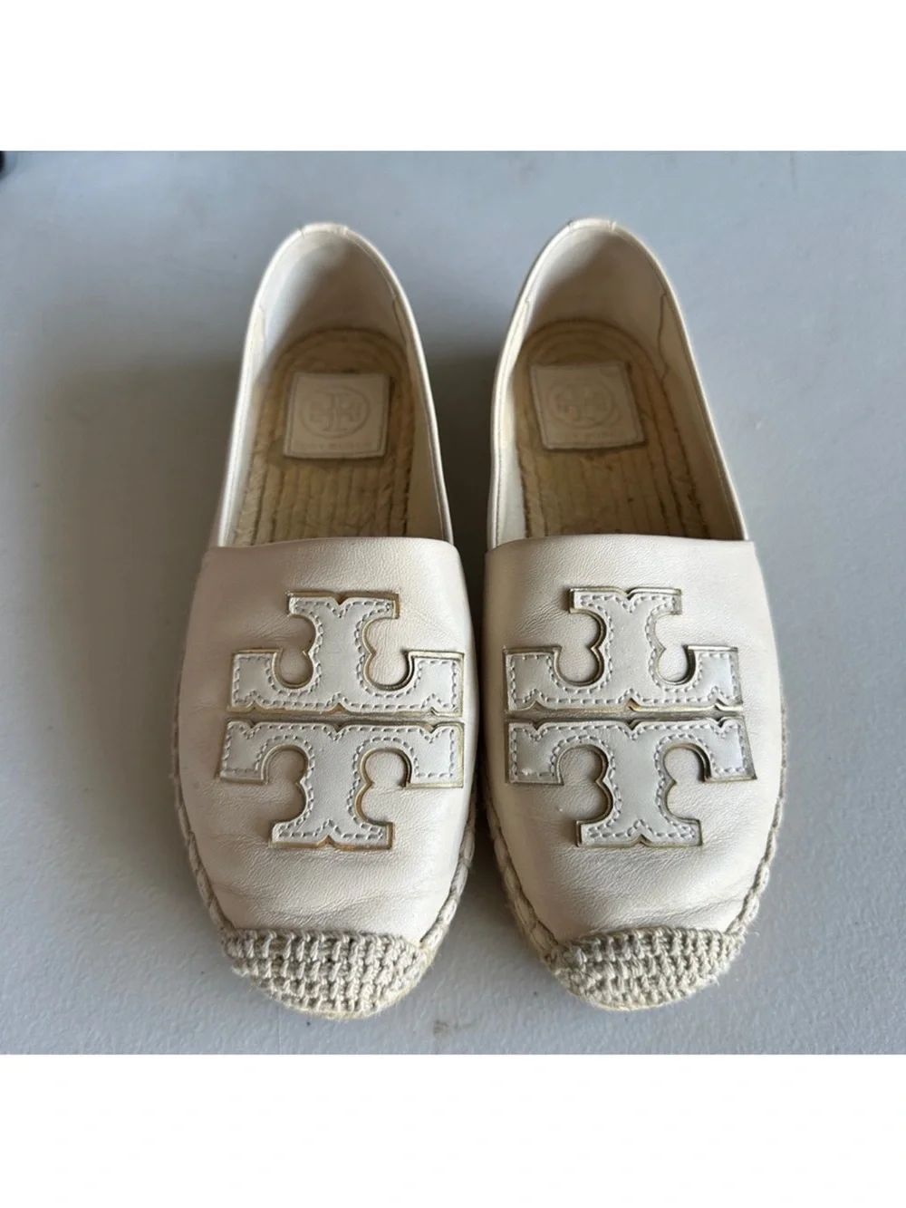 Tory Burch Cream Leather Logo Espadrille Slip-Ons